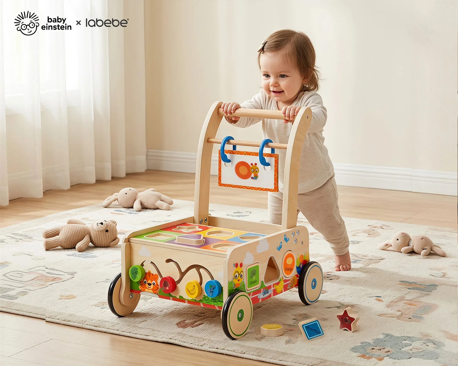 Toddler pushing Baby Einstein x labebe wooden push walker while learning to walk